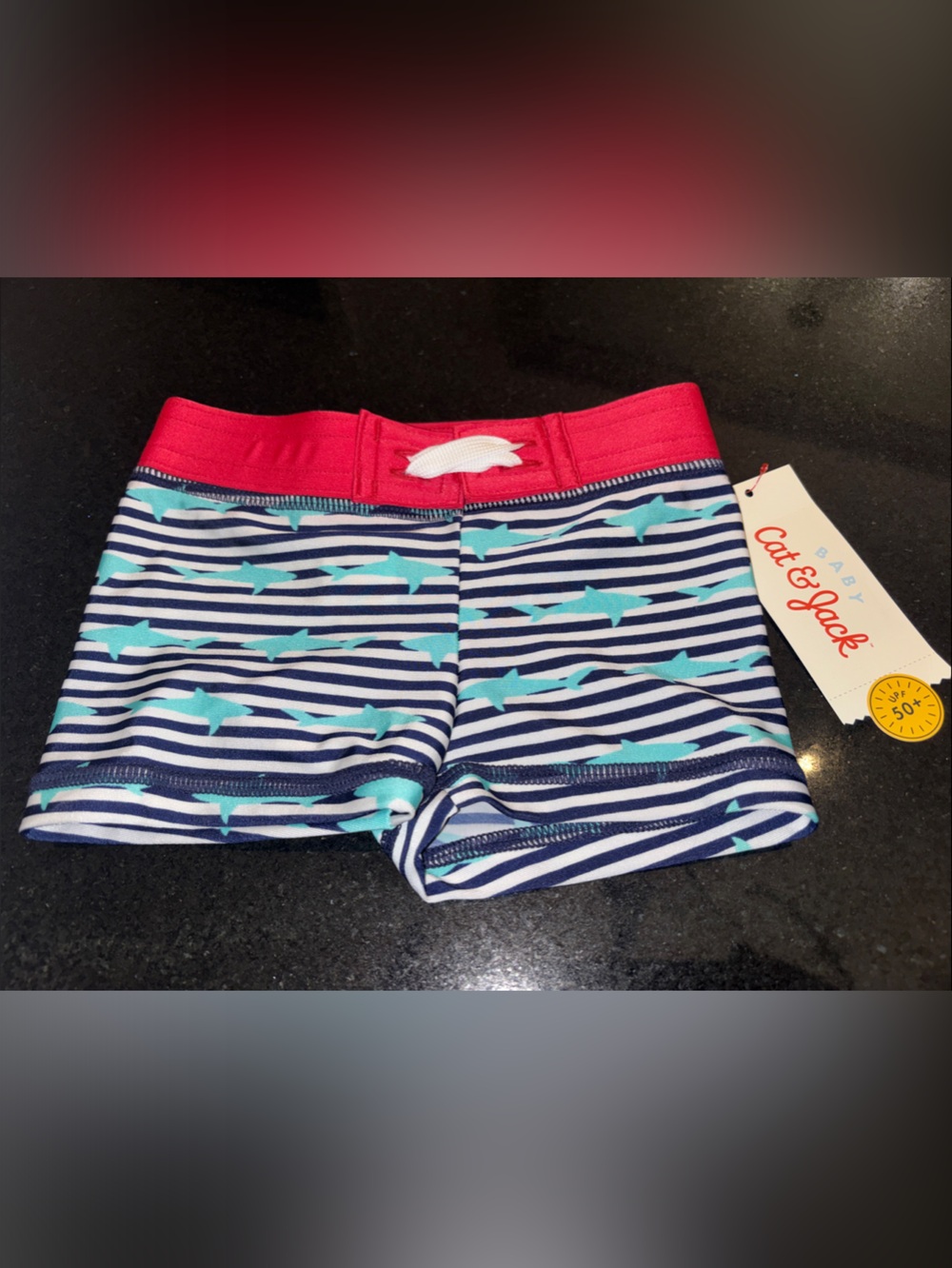 NWT Cat & Jack Navy Stripe Shark Swim Boxer with Red Waistband